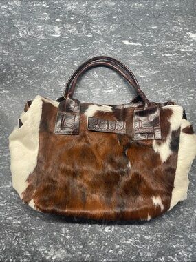 Brown & White Haircalf Tote with Dark Brown Leather Trim